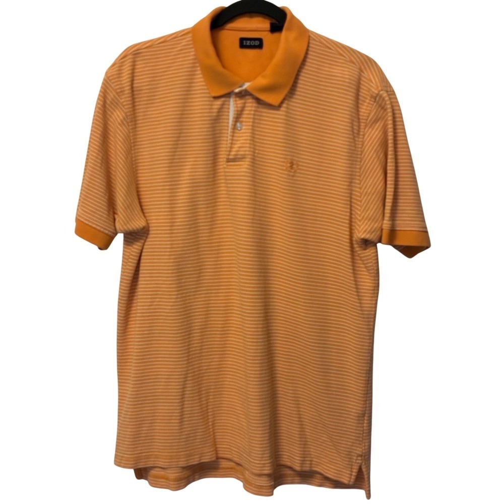 IZOD Mens Vintage Orange White Striped Cotton Polo Shirt Large Short Sleeve Logo